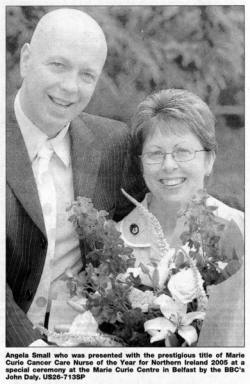 Angela Small who was presented with the prestigious title of Marie Curie Cancer Care Nurse of the Year for Northern Ireland 2005 at a special ceremony at the Marie Curie Centre in Belfast by the BBC's John Daly. US26-713SP