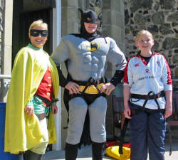 Batman & Robin alias Karl Thompson & Martins Leader - Patricia Evans and Deborah Wallace (right) pictured prior to abseiling down Magheragall Parish Church tower on Saturday 3rd June. 