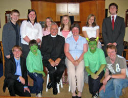 Some of the young people who took part in the Children�s Day Service at Hillhall Presbyterian Church on Sunday 11th June. L to R: (front row) Stephen Kerr, Alex Sleator, Rev Jack Richardson, Hazel Campbell - Sunday School Superintendent, Marcus Hart and Matt Stewart. (back row) Robert Preshaw, Kathryn Campbell, Debbie Preshaw, Rosie Curry, Sarah Watt and Philip Poots.