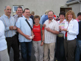 L to R: Mervyn Chambers, Trevor Campbell, Hubert Dodds, Sharon Dodds, Dessie Hamilton, Beth Campbell and Linda Hamilton pictured tucking into strawberries and cream at the Holiday Bible Club Barbeque at 1st Dromara Presbyterian Church last Friday night.