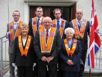 Magheragall District officers pictured prior to the District Service at Magheragall Parish Church last Sunday morning. L to R: (front row) Edith Gilmore - Deputy Mistress, William Thompson � Worshipful District Master and Sister Peggy Flynn. (back row) Mark Wood � Deputy Master, Roger Stevenson � Treasurer, Vaughan Hendron � Secretary and Frank McCracken � Past Master. John Quigley � Lay Reader at Lisburn Cathedral conducted the service.