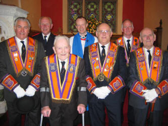 Ballinderry District officers pictured at the District Service in Ballinderry Parish Church last Sunday morning. (front row) Norman Bell � Worshipful District Master, Thomas Haddock � District Lecturer, Mervyn Wilson � Treasurer and Fred Scandrett � Deputy District Master. (back row) Sandy Wilson � District Secretary, Dr Fred Ruddell � Diocesan Reader and Edward Carson � District Chaplain. Dr Fred Ruddell � Diocesan Reader at Ballinderry Parish conducted the service. In his address based on 1st Peter 2 v 17, Dr Ruddell spoke about the importance of showing proper respect for everyone.