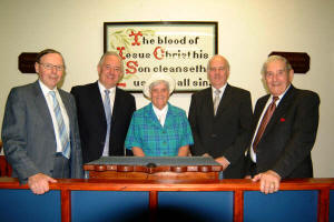 Rev Dr Stanley Barnes (second from left), minister of Hillsborough Free Presbyterian pictured last Sunday evening with Knocknadona Hall leaders - John Thompson (left), Mrs Maud Belshaw, Jim Gordon and Fred Gordon.