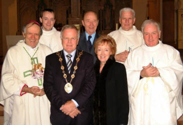 Pictured at a Service of Installation in St Patrick�s Church last Friday night (3rd November) are L to R: (front row) Bishop Anthony Farquhar, Mayor - Councillor Trevor Lunn, Mayoress - Mrs Laureen Lunn and the new Parish Priest of Blaris - Very Rev Dermot McCaughan. (back row) Rev Edward McGee - Assistant Priest, Councillor - Peter O�Hagan and the Rev Eamon Magorrian - Curate.
