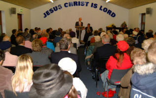 Sam Sommerville is pictured welcoming the large crowd that attended the official opening of the new Magheraknock Mission Hall last Saturday afternoon (11th November)