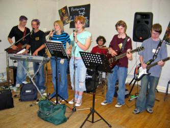 The group of talented young musicians who provided the lively praise at this week�s Holiday Bible Club in Railway Street Presbyterian Church.  L to R:  Adam Woods, Alan Wall, Richard Bailie, Laura MacDonnell, Lynette Guiney, Steven Woods and Jonathan Davidson.