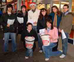 Carol Singing in Bow Street, Lisburn on Saturday afternoon 23rd December to raise money for Christian Aid are L to R: (back row) Michael Hunter, Richard Johnston, Jamie Humphries, Claire Maze, Jordan Humphries and Adam Rush. (front row) Lindsey Freeman and Julia Tracey. Missing from the photo but singing most of Saturday afternoon is David Morrison. Julia and Adam are from Friends� School and the others are from Wallace High School.