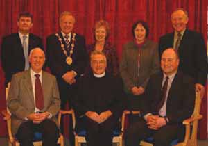 Pictured at a social evening in Hillhall Presbyterian Church Hall last night (Thursday 28th December) on the occasion of the Rev Jack Richardson�s retirement as the minister of Hillhall are L to R: (front) John Connor - Clerk of Session, Rev Jack Richardson - Hillhall Presbyterian Church and the Rev Adrian McLernon - Drumbo Presbyterian Church.  (back row)  Alderman Jeffrey Donaldson MP MLA, The Right Worshipful the Mayor Councillor Trevor Lunn and The Mayoress - Mrs Laureen Lunn, Mrs Doris McIlrath and the Rev David McIlrath - First Presbyterian Church Killyleagh.