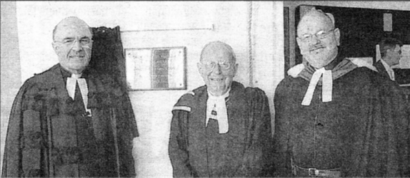 At the dedication of a new entrance at Harmony Hill Presbyterian are, from left, former Moderator the Very Rev Alastair Dunlop, the senior minister of Harmony Hill, the Rev Harold Gray and the minister of Harmony Hill, the Rev David Knox. US11-755SP