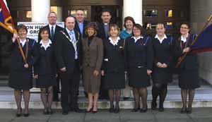 Pictured at the Lagan District Annual Girls' Brigade Service in First Lisburn Presbyterian Church last Sunday afternoon is L to R: (front row) Donna Hewitt, Jill Doherty, Deputy Mayor - Councillor James Tinsley, Mrs Margaret Tinsley, Latifa McCullagh - District Commissioner, Rosie Bailie, Shiralee Bailee and Susan Brown. (back row) Captain John O'Neill - Church Army, Rev Andrew Thompson - Chairman of Lagan Valley District, Rev John Brackenbridge - First Lisburn and Karen Webb.