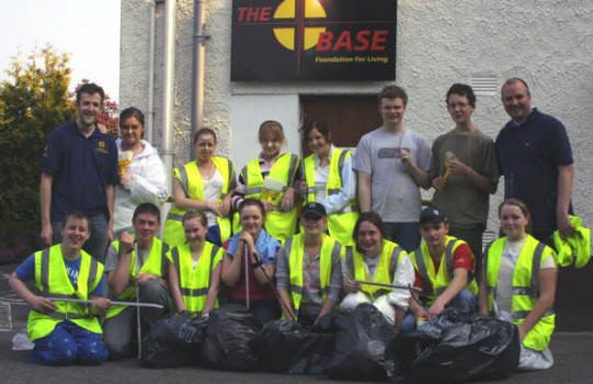 Young people from the Base Youth Club, Harmony Hill Presbyterian Church, who took part in Street Reach Lisburn ' 2007 and tidied up their local area of Lambeg.  (back row) John Blair - outreach co-ordinator, Rachel Benson, Danielle Cavanagh, Beth Long, Louise Dolan, Mark Snowdon, Thomas Potter and Alister Lennon - leader.  (front row) James Mc Carthy, Ryan Farrelly, Kirsty Higginson, Clare O'Hanlon, Selina Parker, 'ine Mc Larnon, Nathan Boyle and Megan Harding.