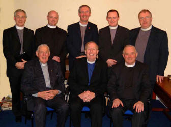 Ministers who took part in the Installation Service for the Rev Dr Fred Greenfield in Dunmurry Free Presbyterian Church last Thursday evening (25th January).  L to R: (seated) Rt Hon Rev Dr Ian Paisley MP, Rev Dr Fred Greenfield and Rev Dr Stanley Barnes.  (back row)  Rev John Armstrong, Rev Jonathan Creane, Rev Alan Smylie, Rev Samuel Murray and Rev Trevor Baxter.