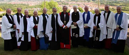 L to R: Canon Cecil Cooper, Canon George Irwin, Canon Victor Stacey, Canon Terry Callen, Canon Jim Moore, Rev John Budd, Rt Rev Dr Samuel Poyntz, Dean Norman Barr, Jim Neil, Canon James Musgrave, Canon Adam Johns and Jack Hassard.