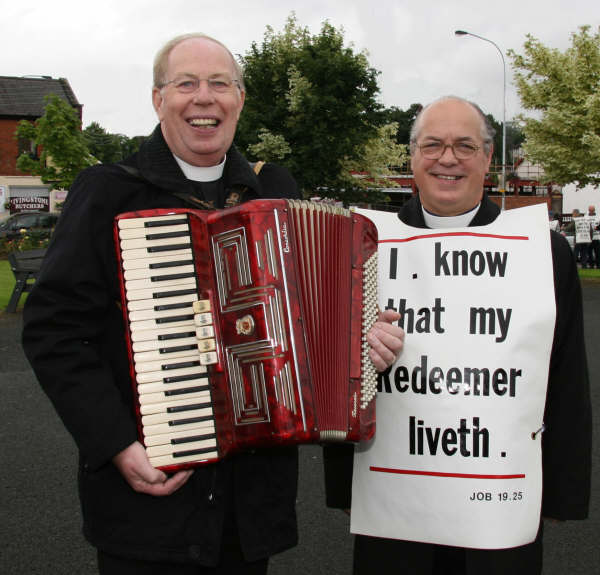 The Rev Dr Fred Greenfield and the Rev Eric Smyth pictured at an Open Air Gospel Meeting in Dunmurry last Saturday afternoon (30th June).