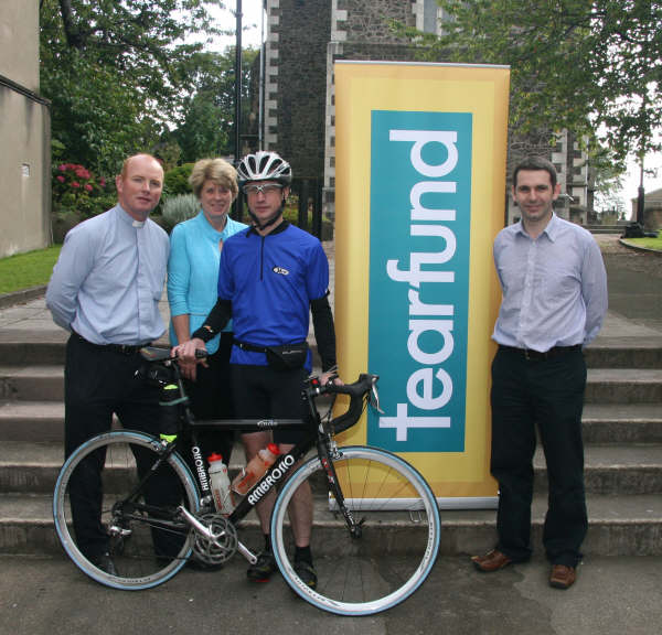 Kenneth McGrath (Vicar of Lisburn Cathedral), Elva Stevenson (Tearfund Co-ordinator at Lisburn Cathedral), Richard Avery (marathon cyclist) and Tim McGowan (Manager of Tearfund, Ireland).