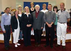 Pictured at the Bishops' Bible week in St Saviour's, Dollingstown last Tuesday night (28th August) are (front row) Rev Terence Cadden (Rector of Seagoe Parish), Alison Cadden, Letitia Fitzpatrick (UTV), The Right Rev Harold Miller (Bishop of Down & Dromore), Rev Ed Vaughan (speaker) and the Rev Dr Maurice Elliott (Rector of Shankill Parish). (back row) Worship band members - Clara Costly, Julie Bell, Karen Bowden and Jessica Huddleson.