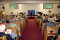 The Right Rev Harold Miller - Bishop of Down & Dromore, picturing welcoming about 400 people to his first ever Bishops' Bible week in St Saviour's, Dollingstown last Tuesday night (28th August).