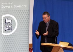 Rev Ed Vaughan addresses the large crowd at the Bishops' Bible week in St Saviour's, Dollingstown last Tuesday night (28th August).
