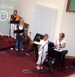 Karen Bowden, a member of Railway Street Presbyterian Church, Lisburn pictured leading the worship at the Bishops' Bible week in St Saviour's, Dollingstown last Tuesday night (28th August).