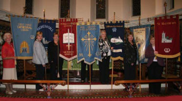 Lisburn Area Mothers? Union Banners L to R: Edie Connor (Christ Church Cathedral Lisburn), Roberta Campbell (Magheragall), Emma Greer (St Paul?s Church, Lisburn), Brenda Orr (All Saints?, Eglantine), Kathleen Coard (Christ Church, Lisburn), Anne Farr (St Mark?s, Ballymacash) and Anne Sloan (St Matthews, Broomhedge).