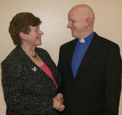 Proud mother Mrs Loreen Patterson congratulates her son, the Rev Leslie Patterson at his installation service in Loughaghery Presbyterian Church.