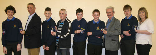 Pictured at the presentation of 'Badges' are L to R: Paul Whittle with his father Gordon, Lloyd Gillespie with his father John, Dean Ringland, Ryan Weir with his grandfather Tom Dunseath and Conor Neill with his mother Kathey.