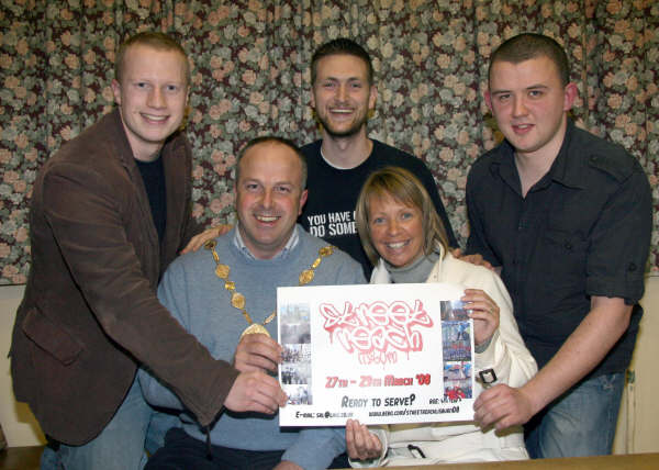 Lisburn Mayor, Councillor James Tinsley and his wife the Mayoress, Mrs Margaret Tinsley with leaders Stephen Auld (Elmwood), Matt Craig (First Lisburn) and Stephen Jones (Lisburn City Elim) at the launch of Street Reach Lisburn 08.