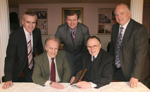 At the book launch in the Assembly Room of the Linen Centre, Lisburn on Saturday 1st March are L to R: (seated) Rev. Ken Elliott (Bethany Free Presbyterian Church, Portadown and Homiletics and Pastoral Theology tutor in Whitefield College of the Bible) and the Rev Dr John Douglas. (back row) Rev David Park (Hebron Free Presbyterian Church, Ballymoney and Lecturer in Christian Doctrine and Personal Evangelism), Rev Gary Goodes (Hillsborough Free Presbyterian Church) and the Rev Dr Stanley Barnes (recently retired minister of Hillsborough Free Presbyterian Church).