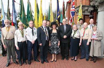 L to R: Billy Mawhinney (GSL Seymour Hill), Brian Patterson (ADC Leader Training), Noel Irwin (District Commissioner), Councillor James Tinsley (Mayor), Mrs Margaret Tinsley (Mayoress), Rev Brian Anderson, Jessica Kidd (District Chairperson), Adrian Walker (GSL First Hillsborough), Paul Clydesdale (GSL First Hilden) and Audrey Gifford (District Executive).