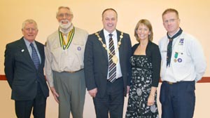 L to R: Rodney Ingram (Seymour Hill) and Billy Mawhinney (GSL Seymour Hill), who received special awards for services to scouting, Councillor James Tinsley (Mayor), Mrs Margaret Tinsley (Mayoress) and Noel Irwin (District Commissioner).