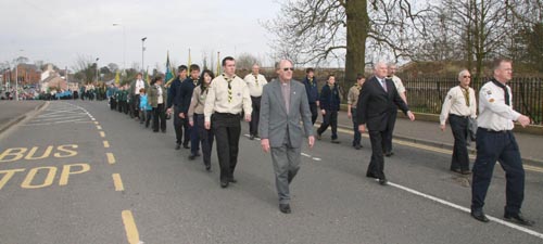 District officers pictured as the Lisburn & District Scouts parade returns to Wallace Park after a service in Seymour Street Methodist Church on Sunday 20th April.