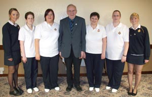 Jack Hassard pictured with GB leaders. L to R: Lynsey Jess, Katie Hill, Rachel Hanna, Jack Hassard, Karen Henry (Captain), Louise Robinson and Victoria Shields.