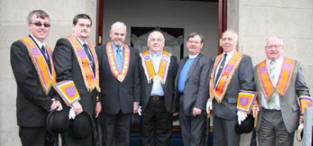 L to R: Bro David Hobson (District Secretary), Bro Dr Jonathan Mattison (Deputy District Master), Bro Victor Harrison (County Grand Master), Rev Robert Jim Mattison (District Chaplain), Rev David Porter (Minister of Second Dromara Presbyterian Church), Bro Eric Jess (Worshipful District Master) and Bro Robert Murphy (District Lay Chaplain).