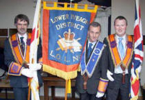 Standard Bearers pictured at the Lower Iveagh District Service in Second Dromara Presbyterian Church last Sunday afternoon (6th July).  L to R: Bro Geoffrey Bradford, Bro Richard Martin and Bro Gareth Lough.