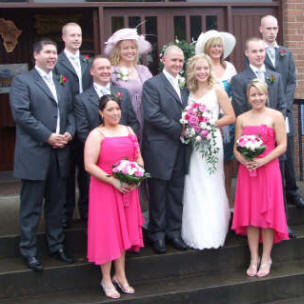 Stephen and Patricia pictured with their parents; best man - Stephen McLoughlin; groomsman - Stephen Auld; and bridesmaids Joanne Kirkwood and Jasmine Graham.
