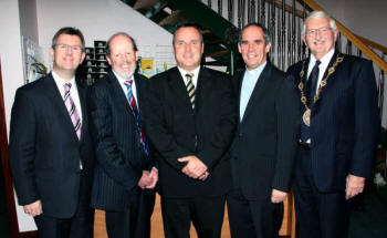 L to R: Lagan Valley MP Jeffrey Donaldson, Pastor David McFarland (1995- 2003), Pastor Richard Garnham, Rev Canon Roderic West and Councillor Ronnie Crawford (Lisburn Mayor).