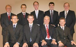 Members of the Eastern Presbytery of the Reformed Presbyterian Church pictured with the Rev Geoffrey Allen at his Service of Installation in Dromara Reformed Presbyterian Church. L to R: Rev David McCullough (Dromore), Rev Geoffrey Allen, John Bond (elder) and the Moderator, the Rev David Fallows (Kilraughts). (back row) Mr John McEwen (Clerk of Presbytery), Rev Harry Coulter (Carrickfergus), Rev Prof David McKay (Shaftesbury Square), Rev Andrew Kerr (Knockbracken) and Rev Professor Robert McCollum (Lisburn).