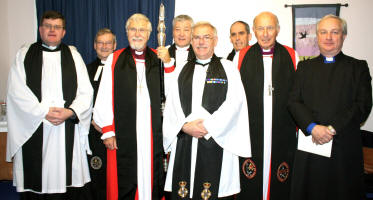 L to R: Revd Gareth Harron (new Area Dean), Ven Gregor McCamley (Acting Registrar), Rt Revd Harold Miller (Bishop of Down and Dromore), Ven John Scott (Archdeacon of Dromore), Revd Charles McCartney (new Rector), Canon Roderic West (former Rural Dean), Rt Rev Edward Darling and Revd Colin Duncan (Bloomfield Methodist Church).