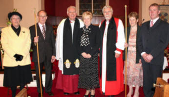 At the Institution Service in St John's Parish Church, Dromara on Tuesday 23rd September are L to R: Thelma Steele (Churchwarden Garvaghy), Bill Norris (Churchwarden Dromara), Revd Charlie Leeke (New Rector & New Area Dean), Mrs Beryl Leeke, Rt Revd Harold Miller (Bishop of Down and Dromore), Rita Fee (Churchwarden Dromara) and Eric Lutton (Churchwarden Garvaghy).