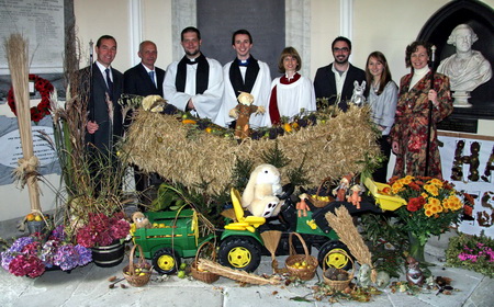 Pictured in the tastefully decorated porch of Hillsborough Parish Church at Harvest Worship last Sunday morning (5th October) are L to R: David Mercer (Churchwarden), Ken Dougherty (Sexton), Revd Simon Richardson (Rector), Revd Stanley Gamble (Preacher), Julie Bell (Organist), Johnny Beare (Youth Minister), Susanna Beare and Lesley Harvey (Churchwarden).