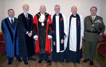 L to R: Patrick Elliott (Mace Bearer), Norman Davidson (Chief Executive of Lisburn City Council), Councillor Ronnie Crawford (Mayor), Rev Canon Sam Wright (Rector), Rev Ken McGrath (Vicar) and Lt Col Steve Bull RLC (GOC Representative).