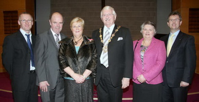 At the Action Cancer Family Service in Trinity Methodist Church last Sunday afternoon (7th December) are Cairan O'
Neill (Chairperson of Action Cancer), Eddie Bell, Norma Bell MBE, Councillor Ronnie Crawford (Mayor), Mrs Jean Crawford (Mayoress) and Lagan Valley MP Jeffrey Donaldson MLA.