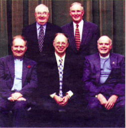 Past Ministers of Seymour Hill Methodist at the 40th Anniversary celebrations in 1998. Back Row: Rev Sam Clements (1977-1983), Rev Winston Good (1966-1971). Front Row: Rev Leslie Spence (1997-2001), Rev Dr Lee Glenny (1989-1994), Rev Tom Magowan Minister, Finaghy Methodist Church