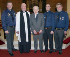 L to R: Captain Robin Mack, Rev David Boyland (Rector), Major Edgar McIlroy (Founder Member First Captain), Martin Gillespie (Grandson of the First Captain) and Major Albert Mack (Second Captain).