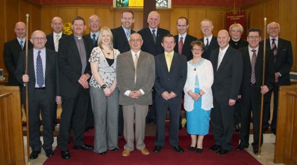 The Select Vestry of St Paul’s Parish Church pictured at morning worship on Easter Sunday. L to R: (front row) Nigel Morrow (People’s Warden), Rev James Carson (Rector), Jennifer Rainey (Treasurer), Roy Robinson, George Irwin, Linda Dickey, Stephen McWhirter (Pastoral Assistant) and David Bell (Rector’s Warden).  (back row) Jonathan Walker (Secretary), Andrew Maze, Peter Halliday, Richard McCrossan, Stanley Gamble, Dr Rodney Patterson, Peter Cochrane, Alison Stevenson and Jim Maze (People’s Glebewarden).  Missing from the photo are Trevor Topping (Rector’s Glebewarden) and David Dawson.