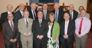 L to R:  (front) Mr Robin McCluskey (Elder), Mr Victor Scott (Elder), Pastor Clifford Morrison, Mrs Margaret Morrison, Mr Robert Graham (Elder), Myles Cordner (Church Secretary).  (back row) Pastor Walter Entwistle, Pastor Jim Smyth, Pastor Jackie Hughes (Ballykeel Baptist), Pastor Ian Grant, Pastor Sam Carson, Pastor Freddie McClaughlin and Rev Alistair Smyth (Carryduff Presbyterian).