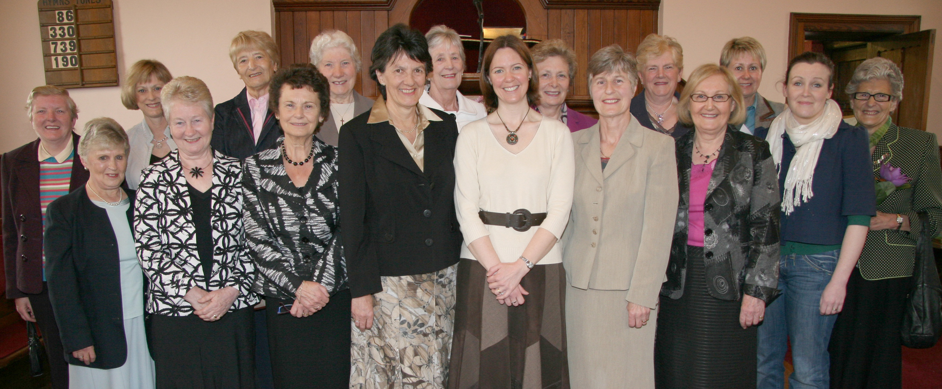 At the Broomhedge/Priesthill Methodist Women in Ireland annual service in Broomhedge Methodist Church in April 2009 are L to R: Judith Lilley, Helen McKendry, Norma Stafford (Vice President), Sandra Ker (Speaker), Anita Gracie (President), Moyra Megarry, Carol Gordon (Treasurer) and Mary Spence (Organist).  (back row) Rosemary Boyes, Margaret McCann, Ann Campbell, Annie Whittington, Lila Murphy, Mary McKeag, Gladys Boyes, Linda Fullerton and Helen Fullerton.