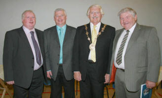 At the book launch are L to R: George McLaughlin, Mervyn Kernaghan, Councillor Ronnie Crawford (Lisburn Mayor) and Tom Wilkinson.