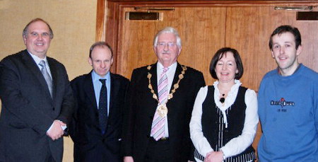 At the launch are L to R: Rev Brian Anderson (Minister of Seymour Street Methodist Church), David Mitchell (Good Relations Department, Lisburn City Council), Councillor Ronnie Crawford (Lisburn City Council Mayor), Mrs Laura Coulter (Peace making Officer, Presbyterian Church in Ireland) and Mr John Blair (Outreach Co-ordinator, Harmony Hill Presbyterian Church, Lambeg). 