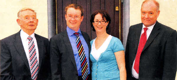 Rev Gareth McFadden pictured with his wife Michelle at Drumlough manse prior to his Installation Included are Anahilt Clerk of Session Mr Rex McClelland (left) and Drumlough Clerk of Session Mr David Gibson (right).